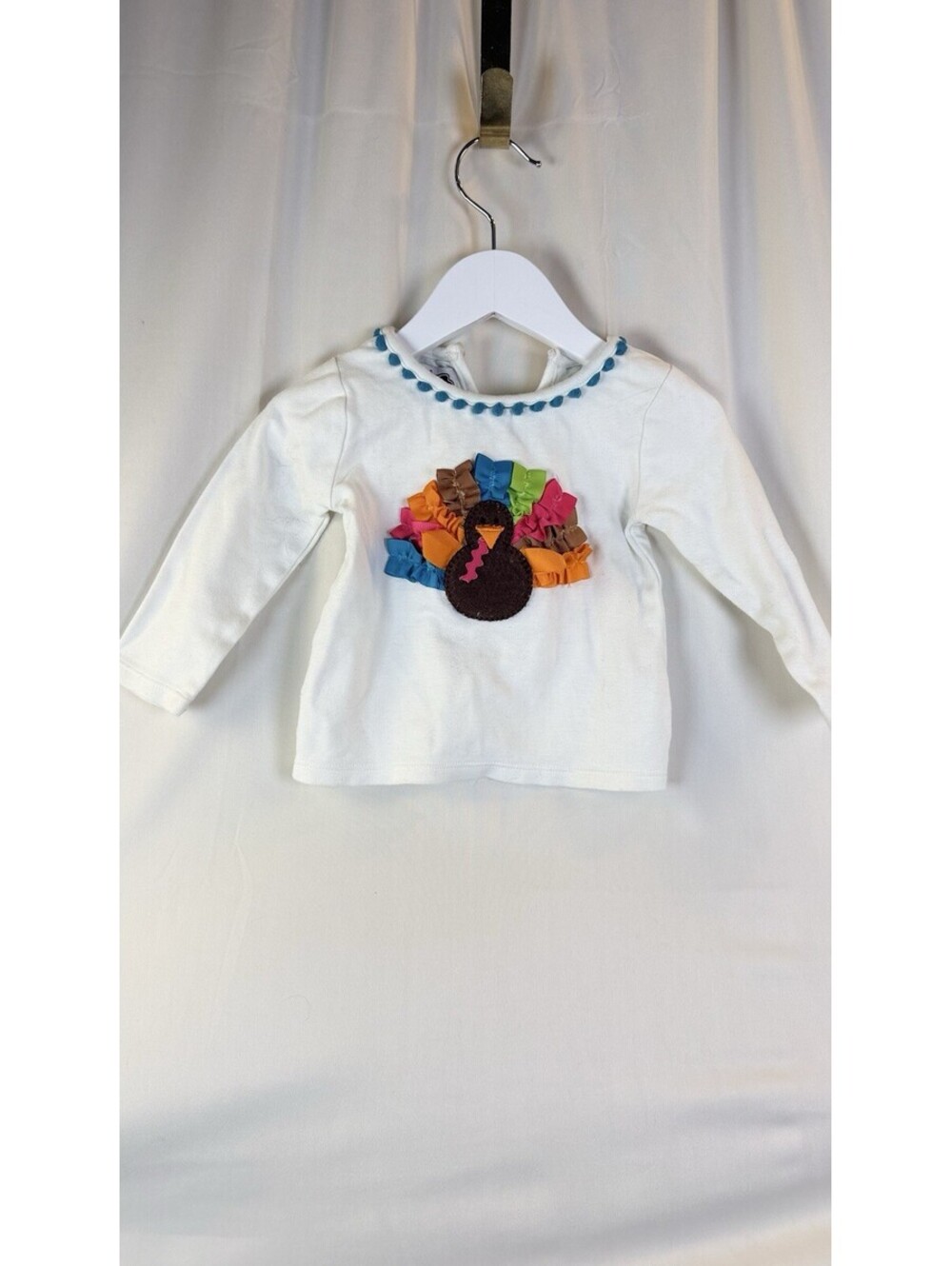 BABY GIRLS THANKSGIVING TURKEY TOP SHIRT RUFFLES TRIM 9-12 month MUD PIE POMPOMS